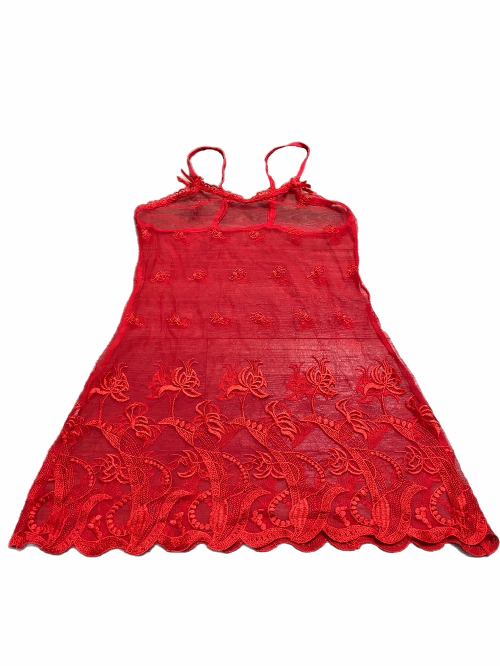 90s European Vintage Runway Sheer Chunky Embroidered Mini Slip Dress (Red) M